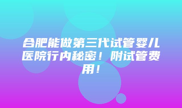 合肥能做第三代试管婴儿医院行内秘密！附试管费用！