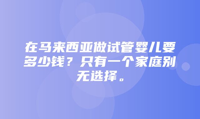 在马来西亚做试管婴儿要多少钱？只有一个家庭别无选择。