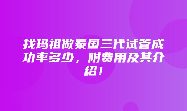 找玛祖做泰国三代试管成功率多少，附费用及其介绍！