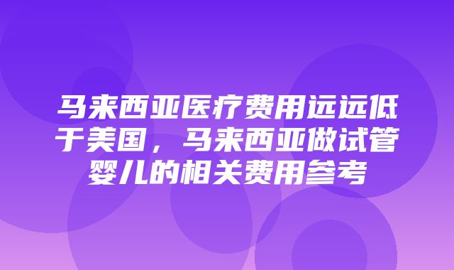 马来西亚医疗费用远远低于美国，马来西亚做试管婴儿的相关费用参考