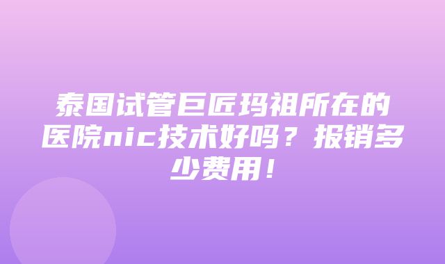 泰国试管巨匠玛祖所在的医院nic技术好吗？报销多少费用！