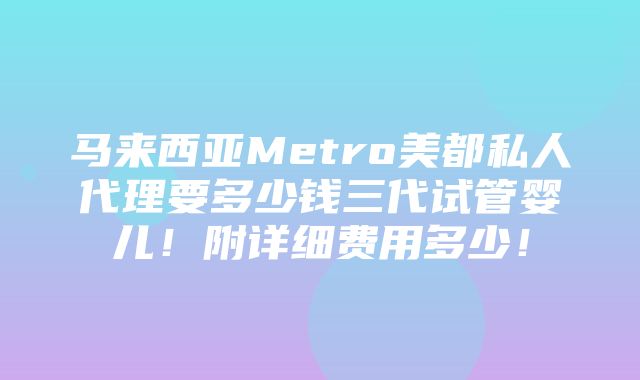 马来西亚Metro美都私人代理要多少钱三代试管婴儿！附详细费用多少！