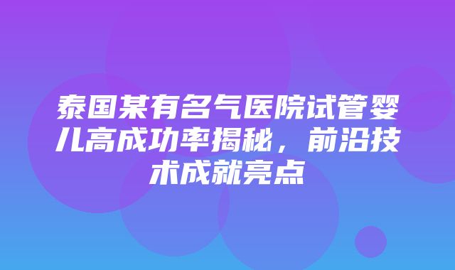 泰国某有名气医院试管婴儿高成功率揭秘，前沿技术成就亮点