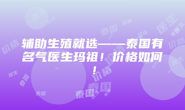 辅助生殖就选——泰国有名气医生玛祖！价格如何！