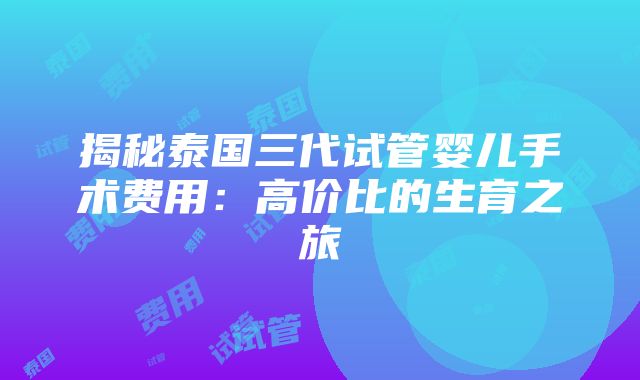 揭秘泰国三代试管婴儿手术费用：高价比的生育之旅