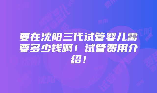 要在沈阳三代试管婴儿需要多少钱啊！试管费用介绍！