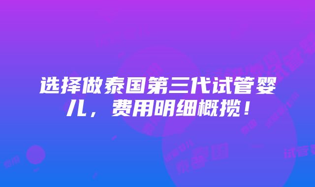 选择做泰国第三代试管婴儿，费用明细概揽！