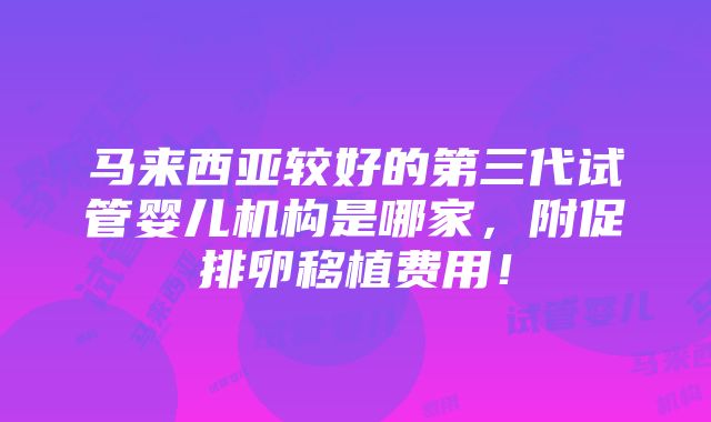 马来西亚较好的第三代试管婴儿机构是哪家，附促排卵移植费用！