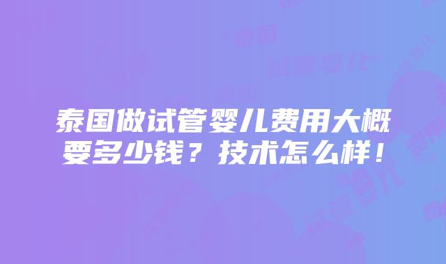 泰国做试管婴儿费用大概要多少钱？技术怎么样！