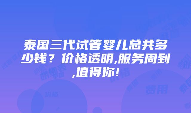 泰国三代试管婴儿总共多少钱？价格透明,服务周到,值得你!