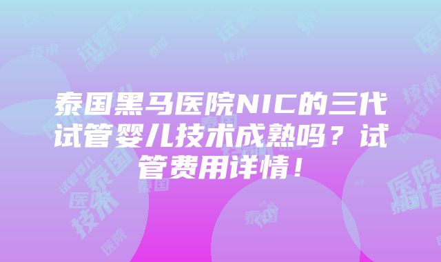 泰国黑马医院NIC的三代试管婴儿技术成熟吗？试管费用详情！