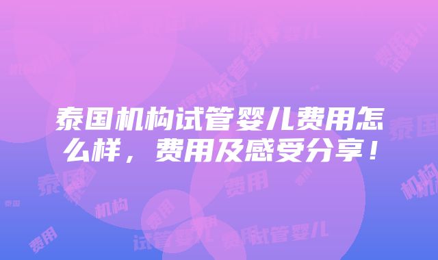 泰国机构试管婴儿费用怎么样，费用及感受分享！