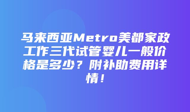 马来西亚Metro美都家政工作三代试管婴儿一般价格是多少？附补助费用详情！