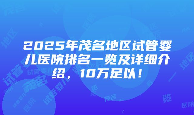 2025年茂名地区试管婴儿医院排名一览及详细介绍，10万足以！