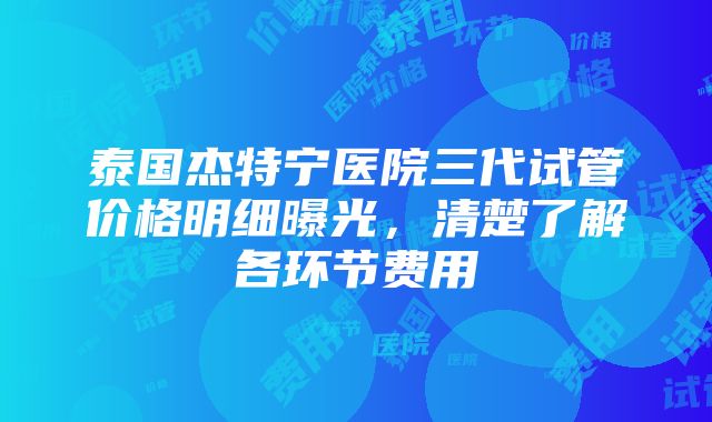 泰国杰特宁医院三代试管价格明细曝光，清楚了解各环节费用