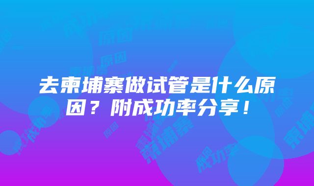 去柬埔寨做试管是什么原因？附成功率分享！