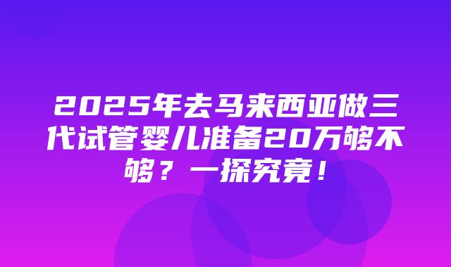 2025年去马来西亚做三代试管婴儿准备20万够不够？一探究竟！