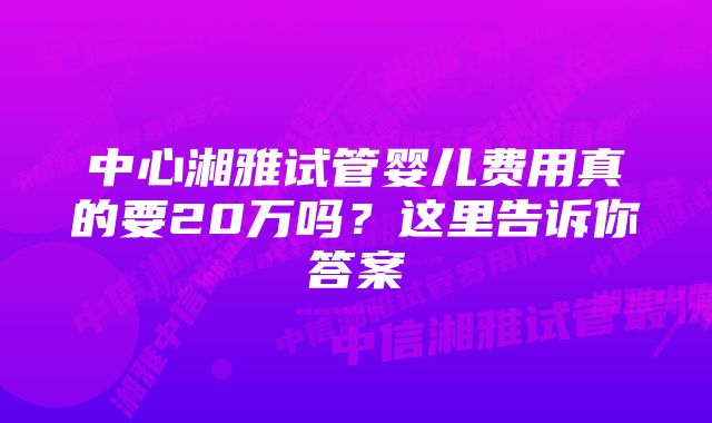 中心湘雅试管婴儿费用真的要20万吗？这里告诉你答案