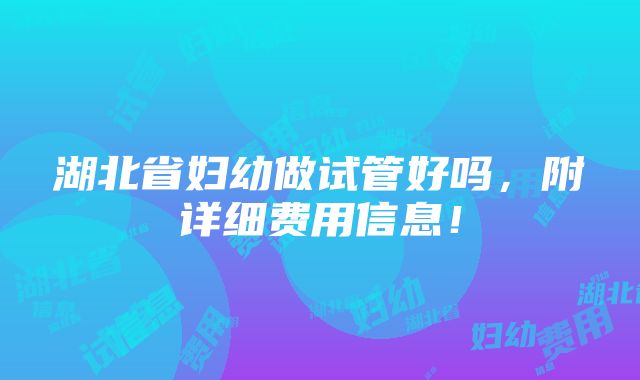 湖北省妇幼做试管好吗，附详细费用信息！