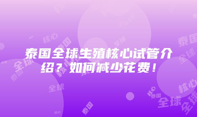 泰国全球生殖核心试管介绍？如何减少花费！