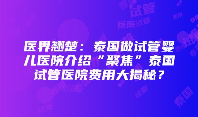 医界翘楚：泰国做试管婴儿医院介绍“聚焦”泰国试管医院费用大揭秘？