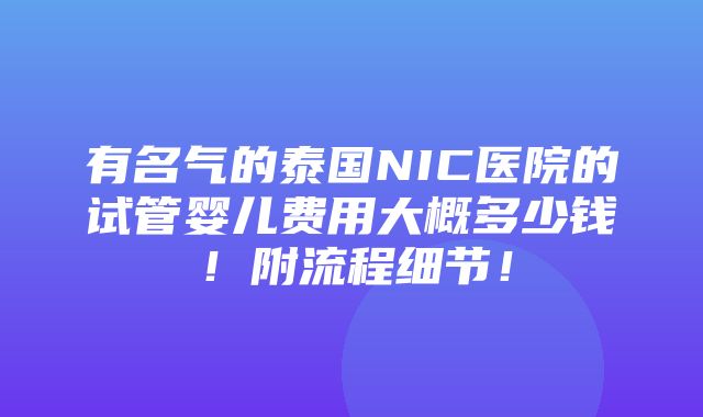 有名气的泰国NIC医院的试管婴儿费用大概多少钱！附流程细节！