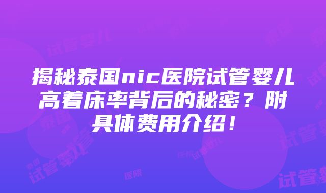 揭秘泰国nic医院试管婴儿高着床率背后的秘密？附具体费用介绍！