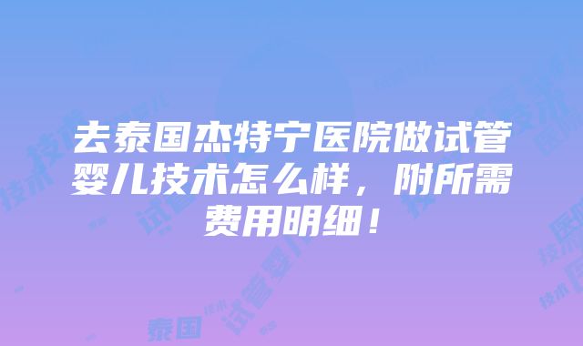 去泰国杰特宁医院做试管婴儿技术怎么样，附所需费用明细！