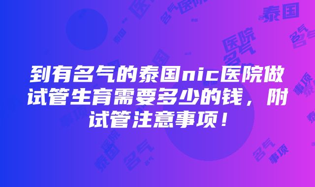 到有名气的泰国nic医院做试管生育需要多少的钱，附试管注意事项！