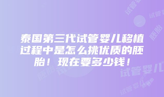 泰国第三代试管婴儿移植过程中是怎么挑优质的胚胎！现在要多少钱！