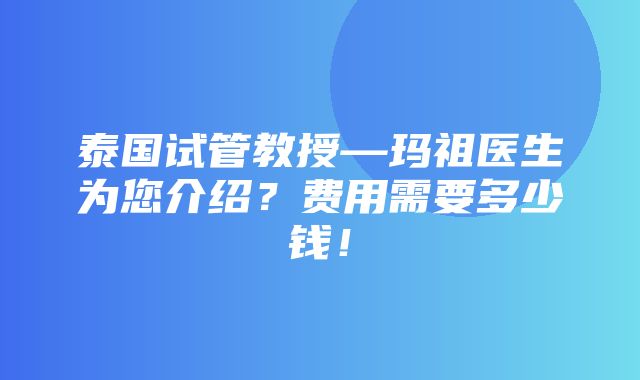 泰国试管教授—玛祖医生为您介绍？费用需要多少钱！