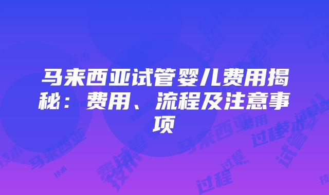 马来西亚试管婴儿费用揭秘：费用、流程及注意事项