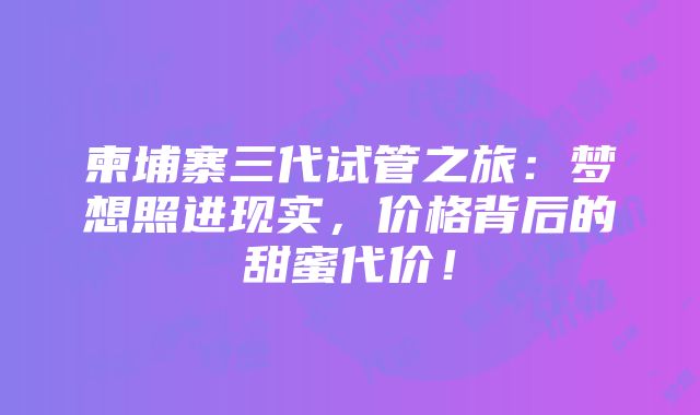 柬埔寨三代试管之旅：梦想照进现实，价格背后的甜蜜代价！