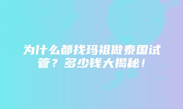 为什么都找玛祖做泰国试管？多少钱大揭秘！