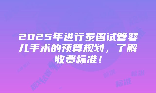 2025年进行泰国试管婴儿手术的预算规划，了解收费标准！