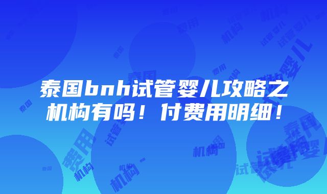 泰国bnh试管婴儿攻略之机构有吗！付费用明细！