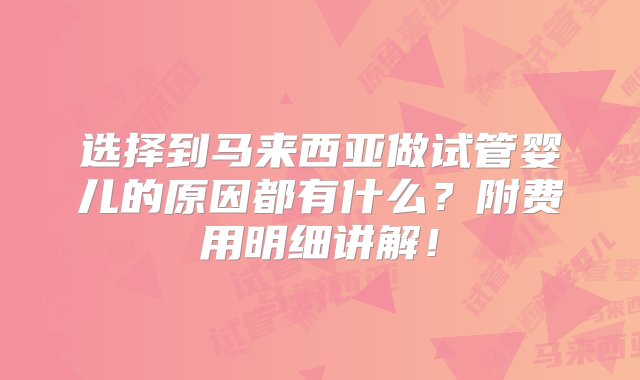 选择到马来西亚做试管婴儿的原因都有什么？附费用明细讲解！