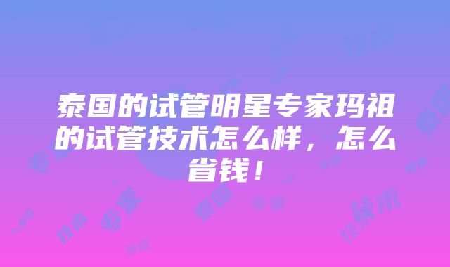 泰国的试管明星专家玛祖的试管技术怎么样，怎么省钱！