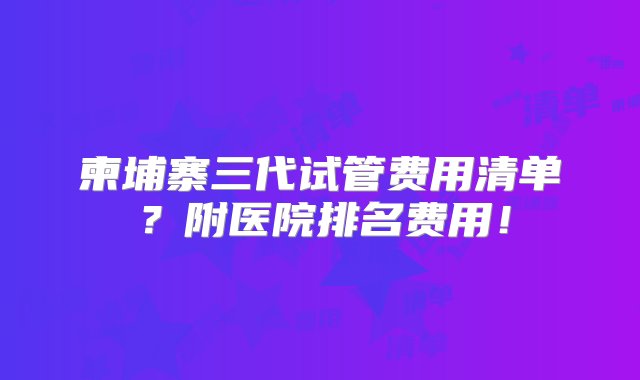 柬埔寨三代试管费用清单？附医院排名费用！